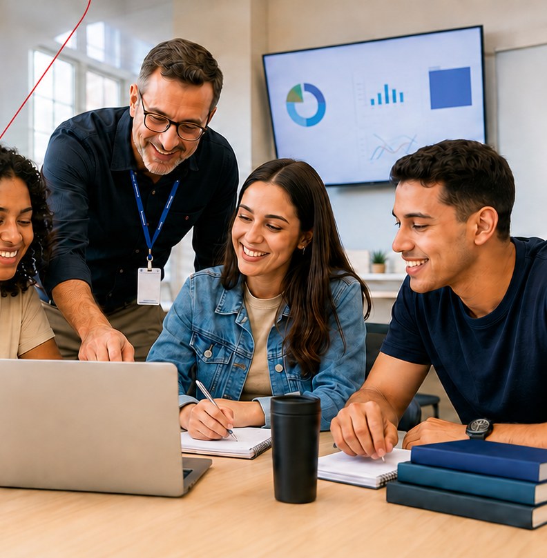 Professor orienta três estudantes em volta de um notebook