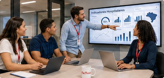 Equipe analisa indicadores hospitalares em uma tela
